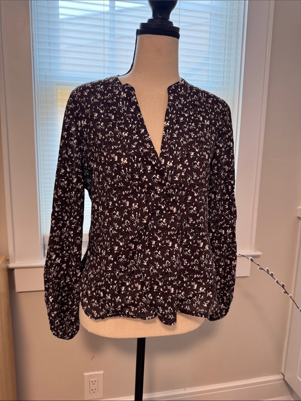 Madewell Chocolate Brown and White Floral Split-Neck Blouse